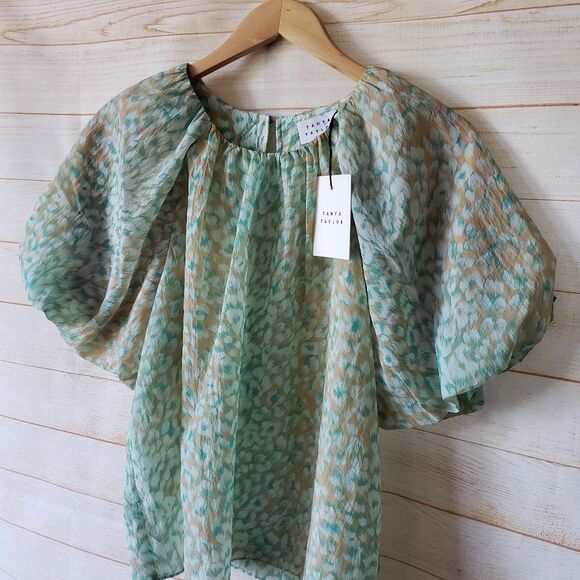 Tanya Taylor Jordan Top Blouse Short Sleeve Green Tan Women's Size Large - Picture 4 of 15